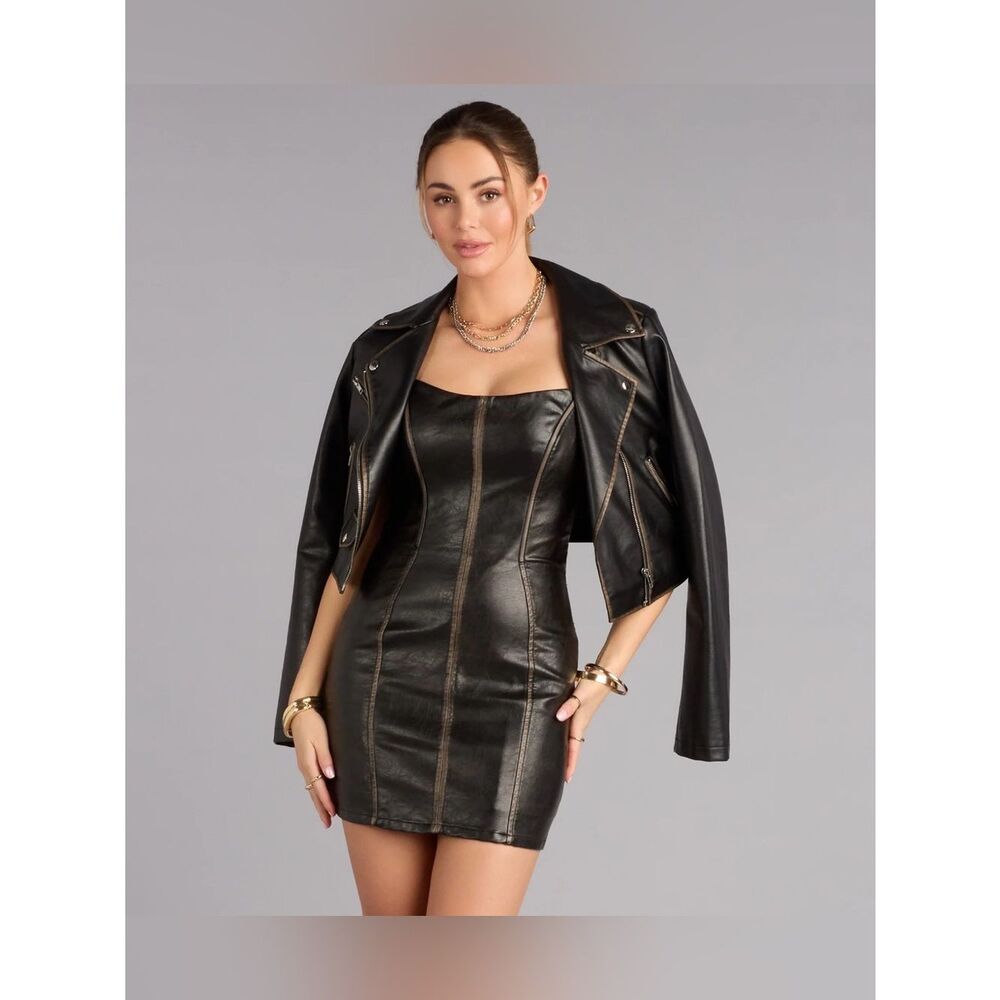 NEW Windsor Arlowe Faux Leather Bodycon Mini Dress Brown Medium